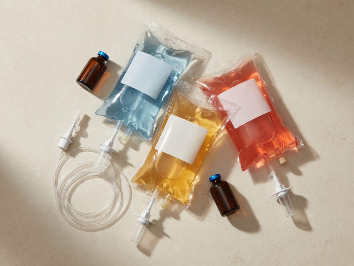 Three IV infusion bags filled with translucent water-blue, honey-gold, and coral liquids on a cream surface, with amber vials and clear tubing, photographed from above.